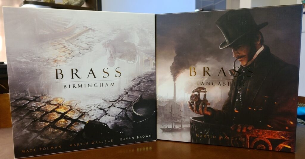 Comparison of the cover art between Brass: Birmingham and Brass: Lancashire