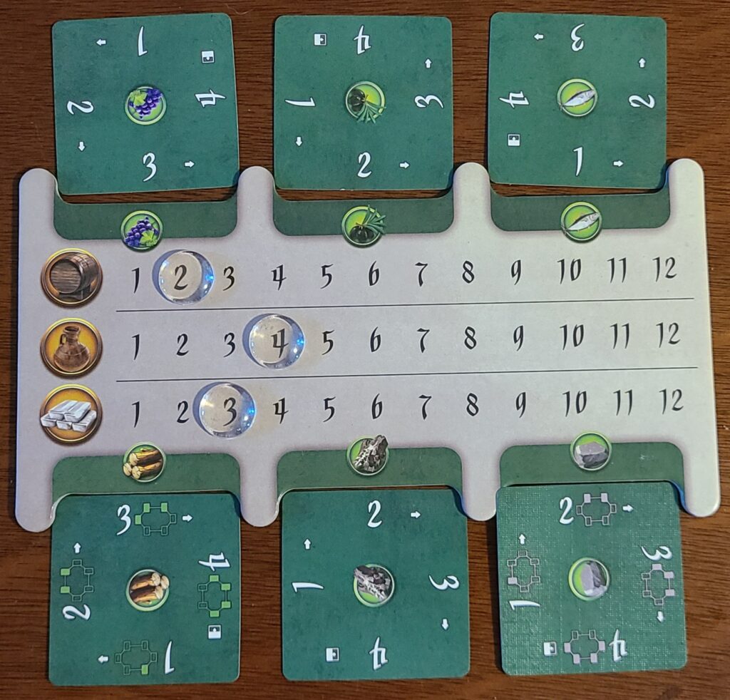 Ragusa player board showing the unique method of rotating cards to keep track of access to basic resources.